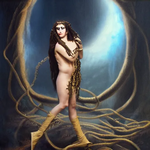 Image similar to Full body photo of the beautiful goddess Lana Rhoades as Medusa the greek goddess, she is looking straight to the camera, she has a glow coming from her, she is getting illuminated for rays of light, behind is a scary atmosphere, she is posing, the photo was taking by Annie Leibovitz, matte painting, oil painting, naturalism, 4k, 8k