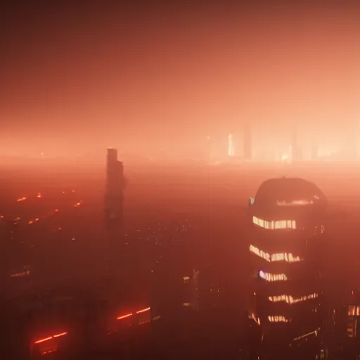 Prompt: sky shot of a blade runner 2 0 4 9 city covered with fog, highly detailed, photorealistic portrait, bright studio setting, studio lighting, crisp quality and light reflections, unreal engine 5 quality render