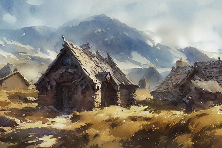 Prompt: small centered on watercolor paper, paint brush strokes, abstract watercolor painting of ancient viking house ruins, cinematic light, national romanticism by hans dahl, by jesper ejsing, by anders zorn, by greg rutkowski, by greg manchess, by tyler edlin