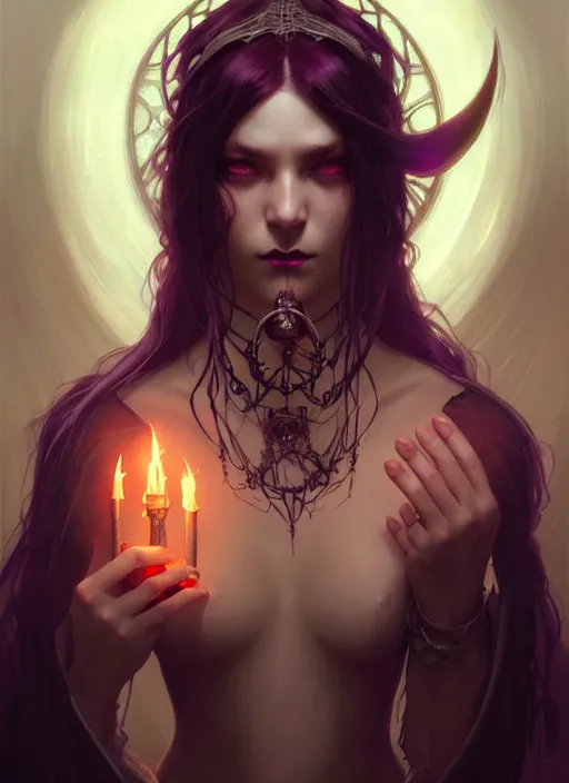 Image similar to Necromancer Sorceress, fantasy magic, undercut hairstyle, dark light night, intricate, elegant, sharp focus, illustration, highly detailed, digital painting, concept art, matte, art by WLOP and Artgerm and Greg Rutkowski and Alphonse Mucha, masterpiece