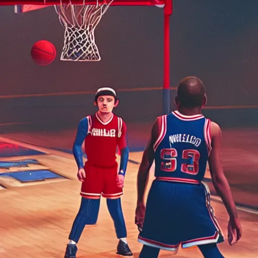 Prompt: Mike from stranger things playing basketball and making a shot in an nba stadium , close up shot, wide angle, lens flares