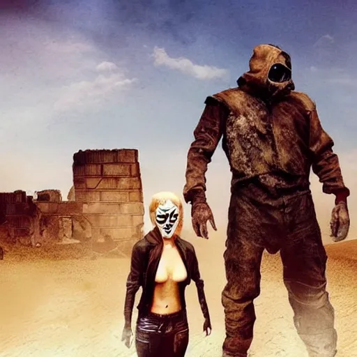 Image similar to a very huge, very big masked mutant man standing next to a small blonde woman, they are staring at the horizon where there are the ruins of a city, postapocalyptic, mad max style, award winning photograph, over the shoulder photo