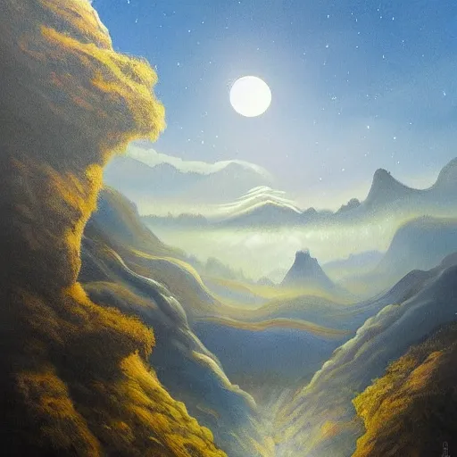 Image similar to large landscapes from another world, dark - blue themed, beautiful painting, very detailed fauna and flora, enhance lighting, many moons are visible in the sky