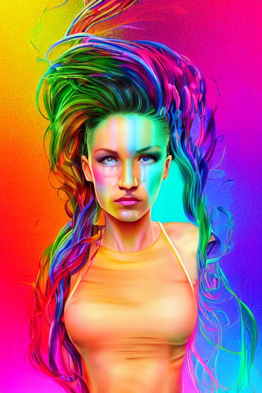 Image similar to a award winning half body portrait of a beautiful woman with stunning eyes in a croptop and cargo pants with rainbow colored ombre hairstyle head in motion and hair flying by thomas danthony, surrounded by whirling illuminated liquids and lines, outrun, vaporware, shaded flat illustration, digital art, trending on artstation, highly detailed, fine detail, intricate