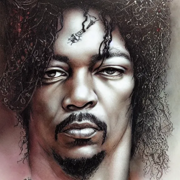 Image similar to a highly detailed portrait of jim ’ s hendrix in the style of luis royo.