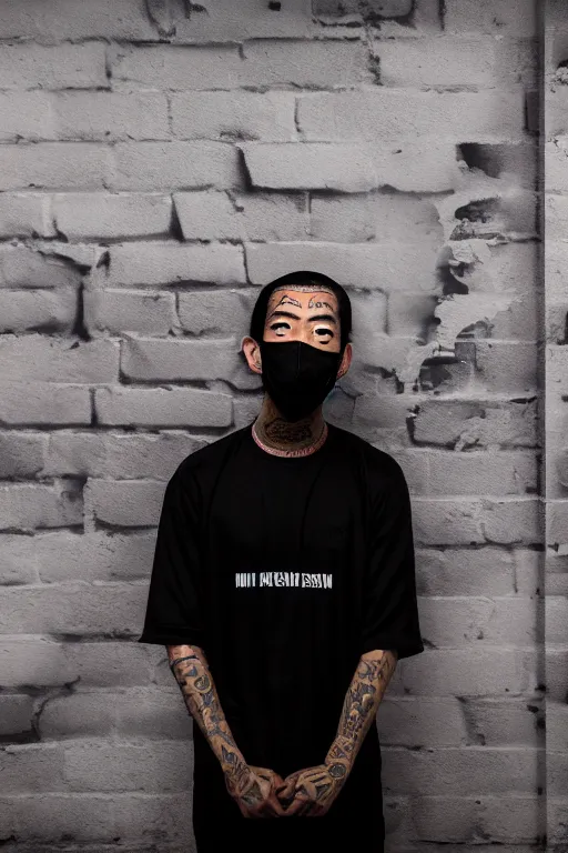 Image similar to asian guy with oni mask stand in front of wall with black rapper nipsey hussle mural, photorealistic, smooth, 4 k, aesthetic lighting, baroque object, sharp focus, hyperdetailed, professional photography, pullitzer winning, photo by : canon eos 5 d mark iv, by karah mew and adnan abidi and jodie bateman