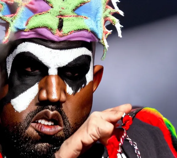 Prompt: color still shot of kanye west lead singer performing in music group insane clown posse, face closeup