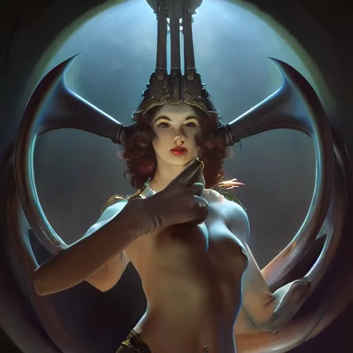 Image similar to dark oracle with ram horns, NGE dark fantasy, medium shot, intricate, highly detailed, digital painting, volumetric light, artstation, concept art, smooth, sharp focus, illustration, art by Gil Elvgren and Greg Rutkowski and Alphonse Mucha, 8K