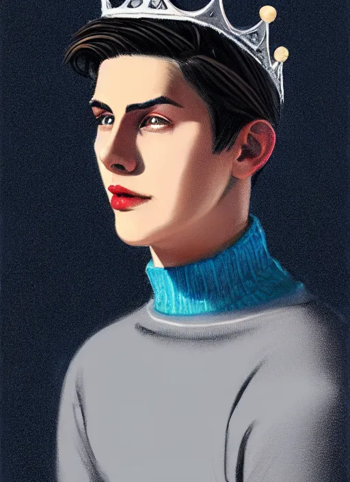 Image similar to portrait of teenage jughead jones wearing a light grey crown, crown, blue turtleneck, 1 9 5 0 s, closed eyes, photorealistic, black hair, glowing lighting, intricate, elegant, glowing lights, highly detailed, digital painting, artstation, concept art, smooth, sharp focus, illustration, art by wlop, mars ravelo and greg rutkowski