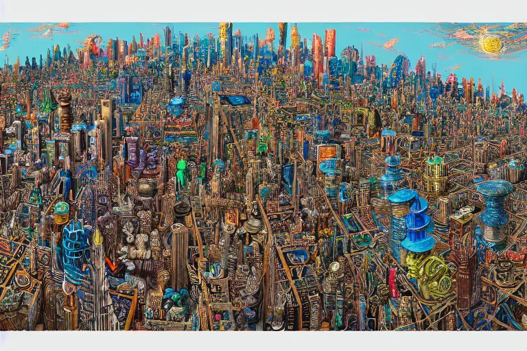 Image similar to hyper detailed nightmare cityscape in 3d collaboration with dan mumford and Louis Wain (1920)