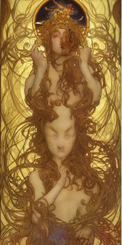 Image similar to portrait burning saint face, venus, athena, halo, by alphons mucha and annie swynnerton and jean delville, strong dramatic cinematic lighting, ornate headdress, flowing robes, spines, flowers, stars, lost civilizations, smooth, sharp focus, extremely detailed, marble, molten gold, space