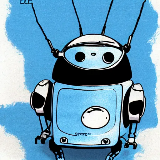 Prompt: Cute robot beetle, blue, cartoon by Studio Ghibli