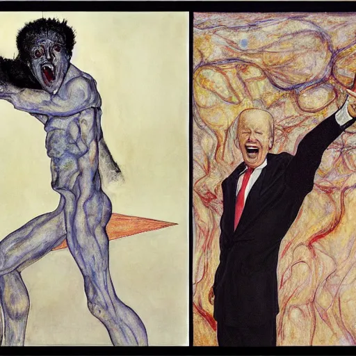 Image similar to joe biden screaming, by egon schiele and william blake and stephen gammell