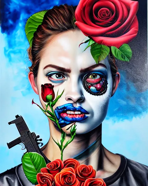 Image similar to split faced person holding pistol and roses in a deep sea with intricate details by Sandra Chevrier with half image