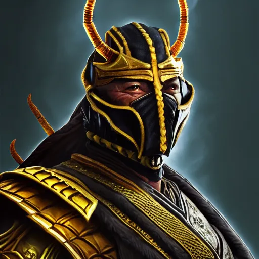 Image similar to Portrait of Genghis Khan as Scorpion from Mortal Kombat 11, anger, mystery, fear, highly detailed, ominous vibe, smoke, octane render, cgsociety, artstation, trending on ArtStation, by Travis Sergio Diaz