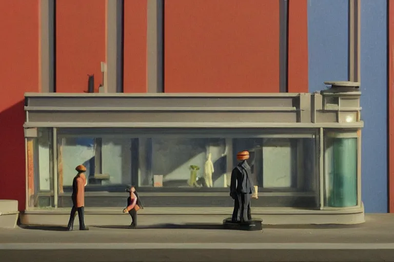 Prompt: a desolate urban scene by edward hopper, futuristic claymation art, diorama