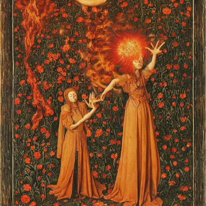 Image similar to a woman with a third eye exploding with flowers, standing in fire, by Jan van Eyck