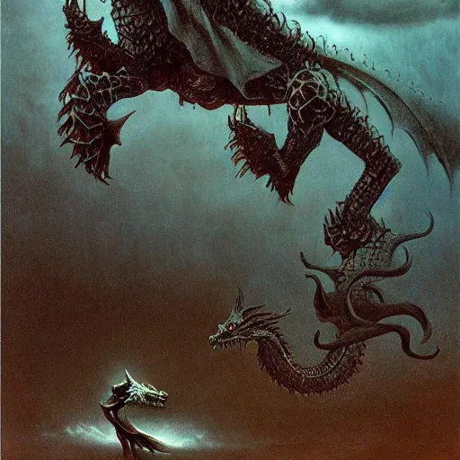 Prompt: aether, the empowering dragon beksinski, eldritch, apocalypse, creepy creature, horror spooky