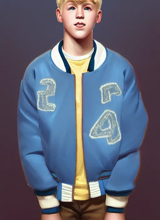 Image similar to portrait of a teenage boy named moose mason, blonde short hair, jock, beefy, square jaw, square facial structure, 1 9 5 0 s, blue varsity jacket, intricate, elegant, glowing lights, highly detailed, digital painting, artstation, concept art, smooth, sharp focus, illustration, art by wlop, mars ravelo and greg rutkowski