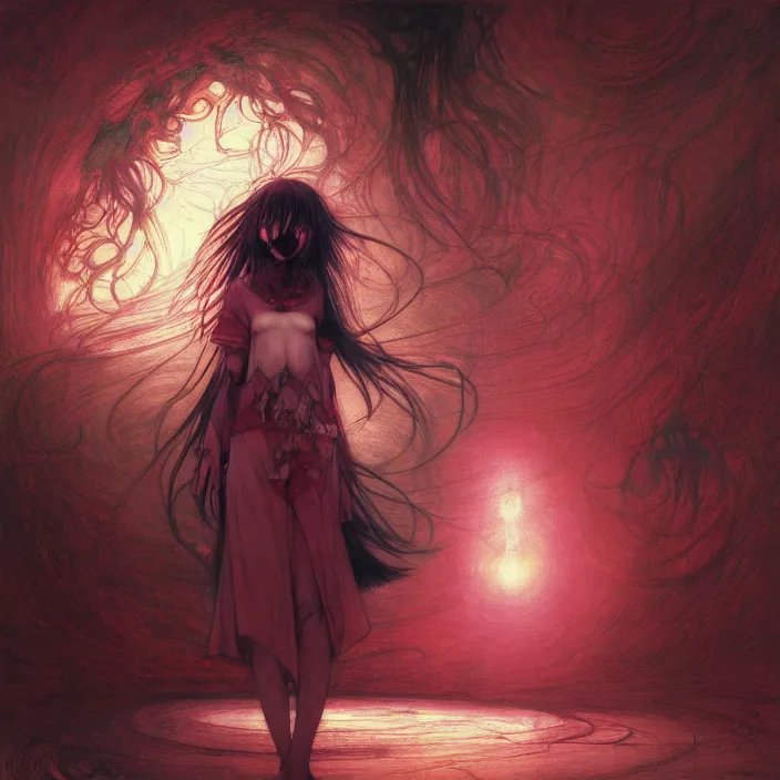 Image similar to mamimi samejima, psychedelic background, female anime character, Lain, uwu, uwu, Luminism Romanticism by John William Waterhouse Beksinski Finnian MacManus Ruan Jia, uwu Hi-Fructose, Artstation, HD, HDR, High Resolution, 1024x1024, technological rings, giygas, demon souls, bloodborne boss