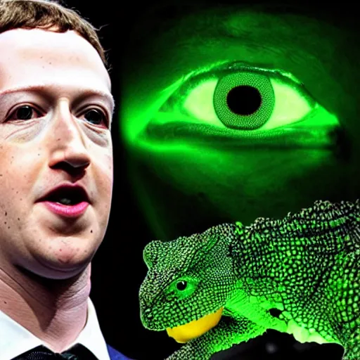 Image similar to Mark Zuckerberg with green scaly skin and yellow glowing eyes.