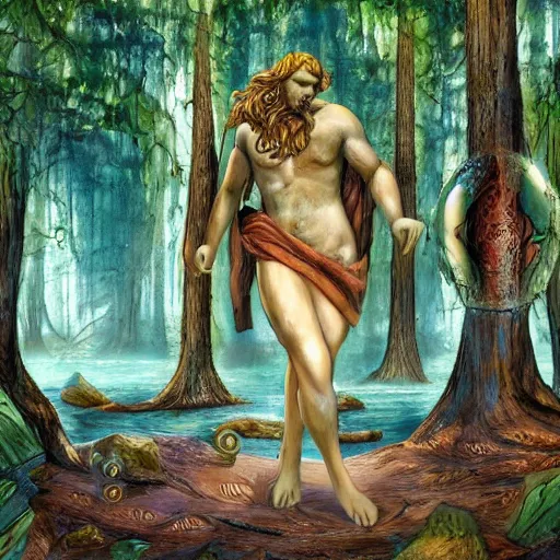 Image similar to greek gods, in forest, three eyed, wide wide shot, feet in water, colors, forehead eye, ground very detailed, wet eyes reflecting into eyes reflecting into infinity, beautiful lighting