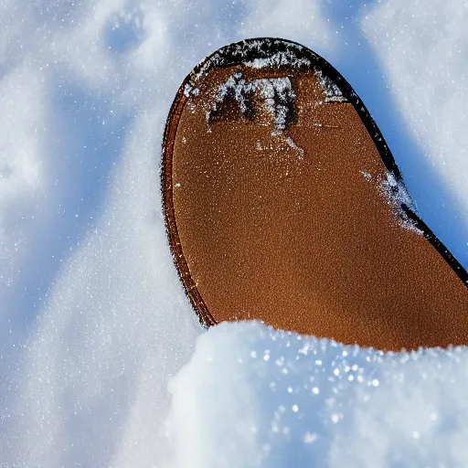 Image similar to extreme closeup hd 8 k hyper detailed photograph of bootprints in the snow w 1 2 1 6