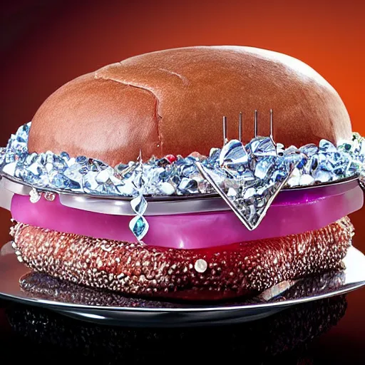 Prompt: a crystal hamburger centerpiece, digital art, dramatic jewelry photography
