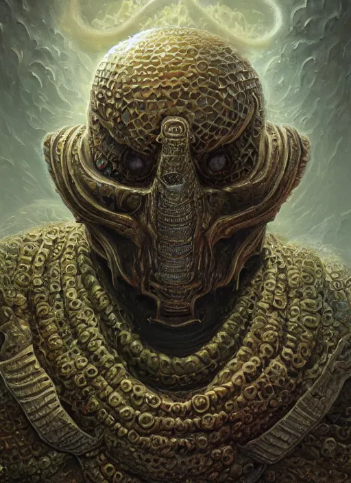 Image similar to lsd trip mf doom reptile eyes, metal bubble skin. intricate, elegant, highly detailed, centered, digital painting, artstation, concept art, smooth, sharp focus, illustration, artgerm, tomasz alen kopera, peter mohrbacher, donato giancola, joseph christian leyendecker, wlop, frank frazetta