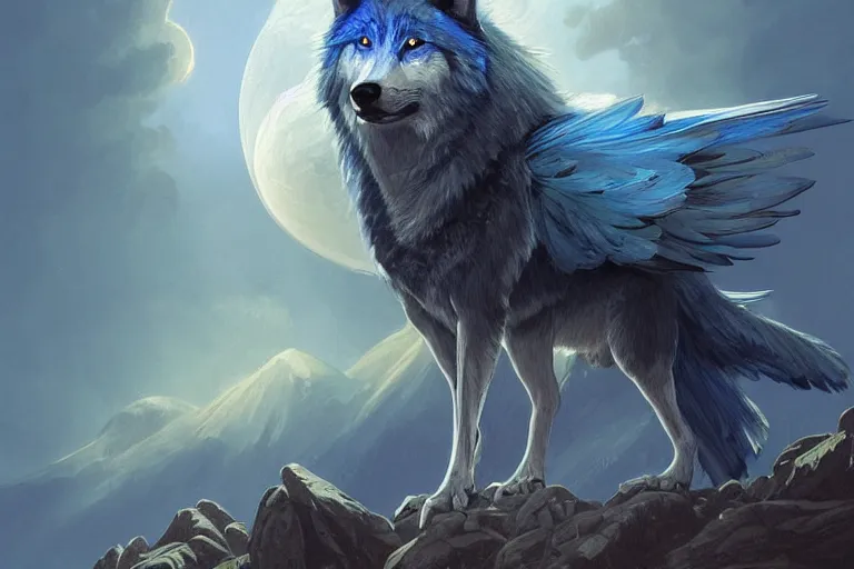 Image similar to Blue feathered wolf with wings on a beautiful fantasy landscape, hills, mountains, moonlit, HD, illustration, epic, D&D, fantasy, intricate, elegant, highly detailed, digital painting, artstation, concept art, smooth, sharp focus, illustration, art by artgerm and greg rutkowski and alphonse mucha