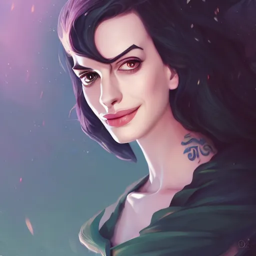 Image similar to a portrait of a beautiful Anne Hathaway witch, art by lois van baarle and loish and ross tran and rossdraws and sam yang and samdoesarts and artgerm, digital art, highly detailed, intricate, sharp focus, Trending on Artstation HQ, deviantart, unreal engine 5, 4K UHD image