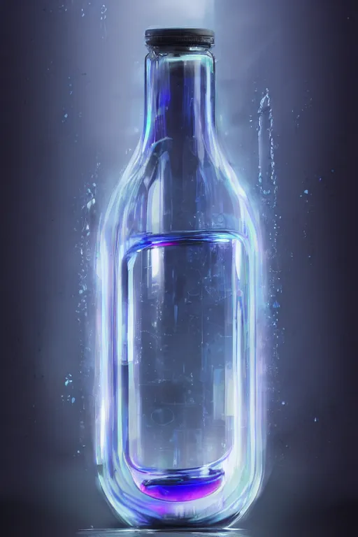 Image similar to concept art of an apple computer dietary supplement in a transparent bottle filled with blue magenta iridescent liquid, by greg rutkowski, black and white tones, white background, digital painting, artstation, concept art, smooth, sharp foccus ilustration hq