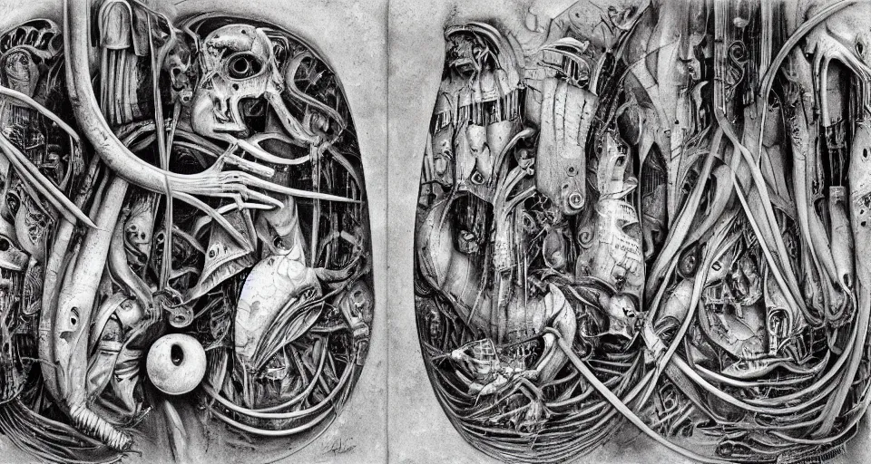 Image similar to the two complementary forces that make up all aspects and phenomena of life, by HR Giger