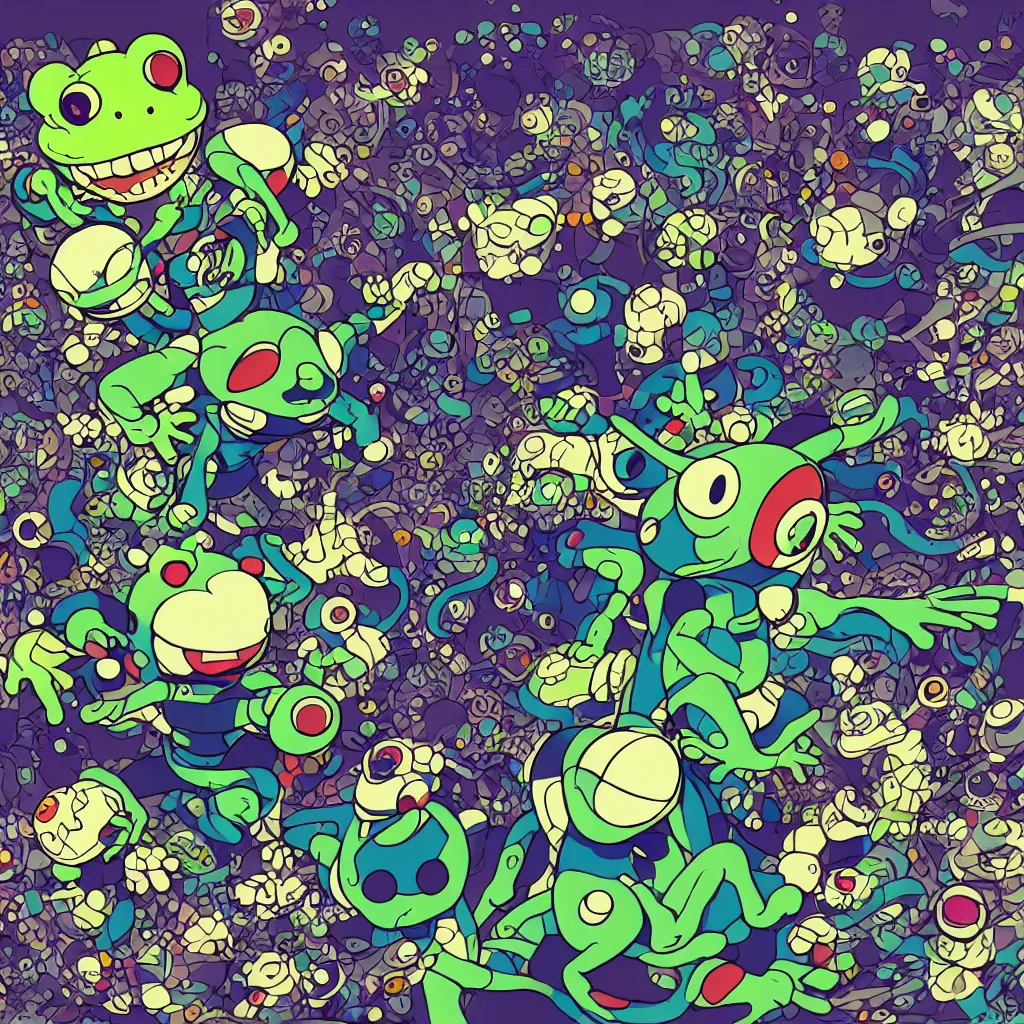 Image similar to toads, frogs, ryuta ueda artwork, breakcore, style of jet set radio, y 2 k, gloom, space, cel - shaded art style, indigo rainbow, data, minimal, takashi murakami artwork, code, cybernetic, dark, eerie, cyber