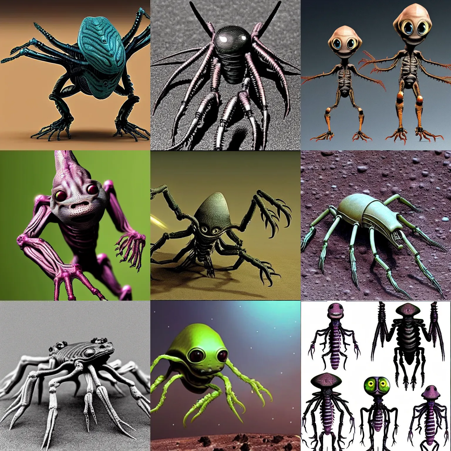 Prompt: these aliens are a type of invertebrate. they have two clawed arms, two normal arms and four legs, with a short, strong tail.