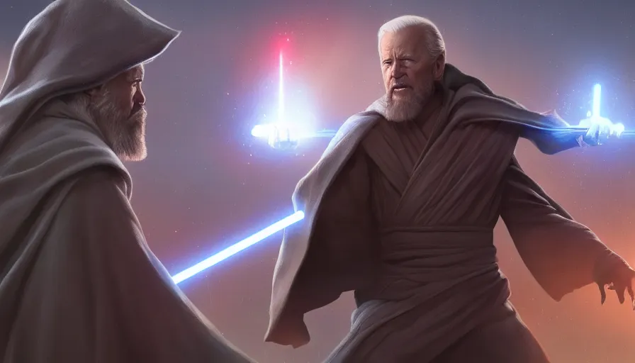 Prompt: joe biden is obi - wan kenobi, billboard image, hyperdetailed, artstation, cgsociety, 8 k