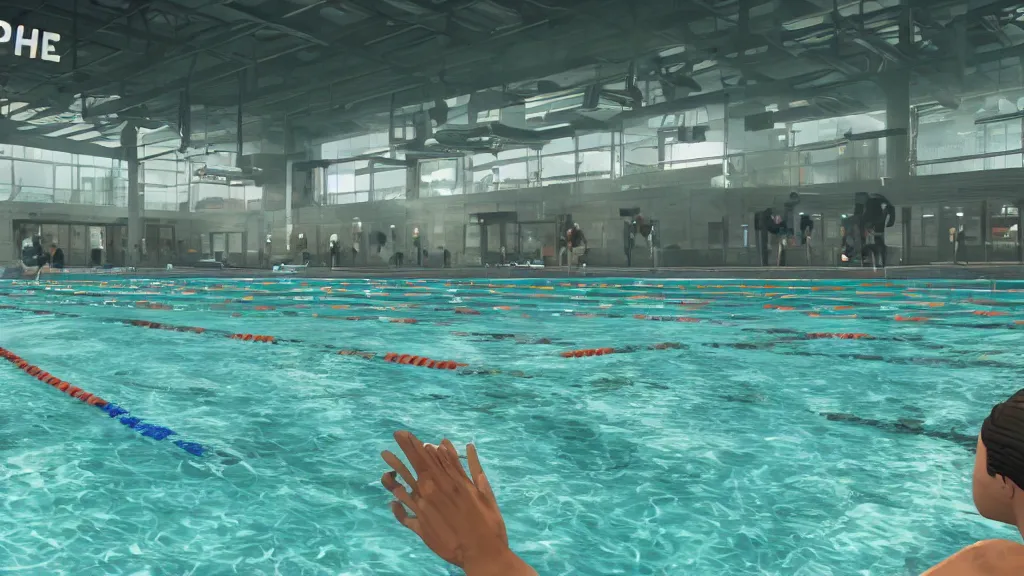 Prompt: Screenshot from Watchdogs at an indoor swimming pool