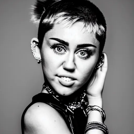 Prompt: accurate portrait of Miley Cyrus, black and white, beautiful, modeling, 40mm lens, lens flares,