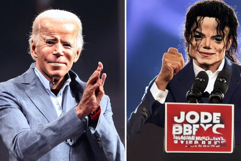 Prompt: michael jackson throws a punch at joe biden, chaotic and realistic