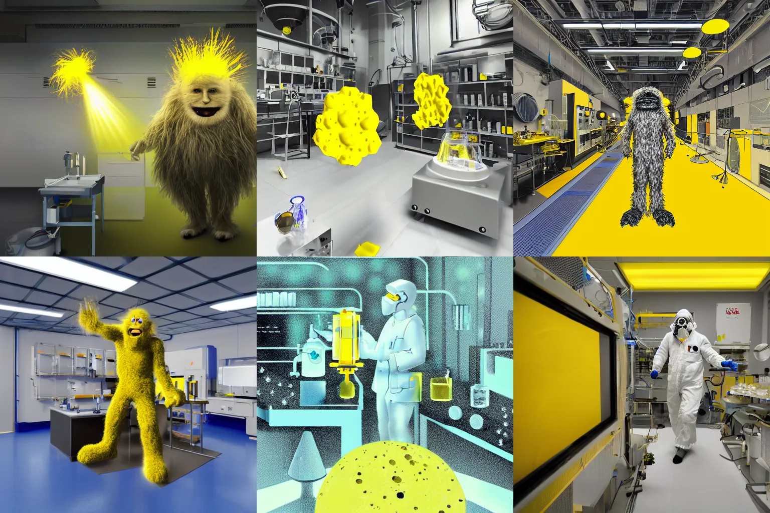 Prompt: hairy monster in laboratory clean room, photolithography, yellow artificial lighting, vacuum chamber cluster in background, photorealistic