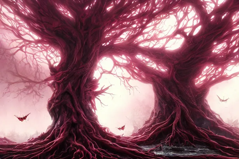 Image similar to a giant rotting tree with crimson water flowing through its roots surrounded by moths, concept art, digital painting, trending on artstation, deviantart, highly detailed, perfect composition, dramatic lighting, sharp focus, 8 k uhd