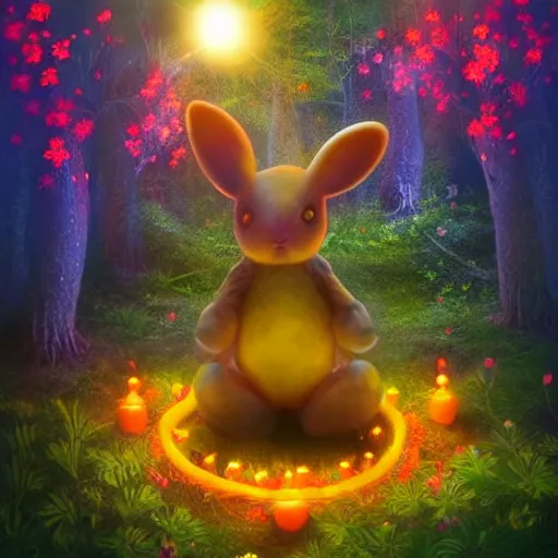 Image similar to a glowing luminous bunny surrounded by luminous pink orange yellow flowers and mushrooms in an enchanted forest trending on artstation hdr instagram photo fantasy art