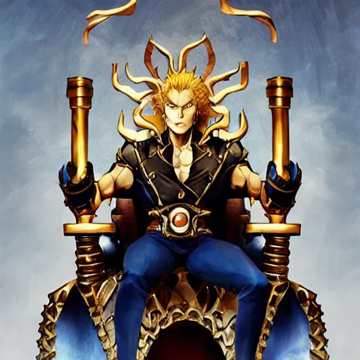 Prompt: dio from jojo's bizarre adventure sitting on a throne, matte art by ross tran, dim lighting, artstation