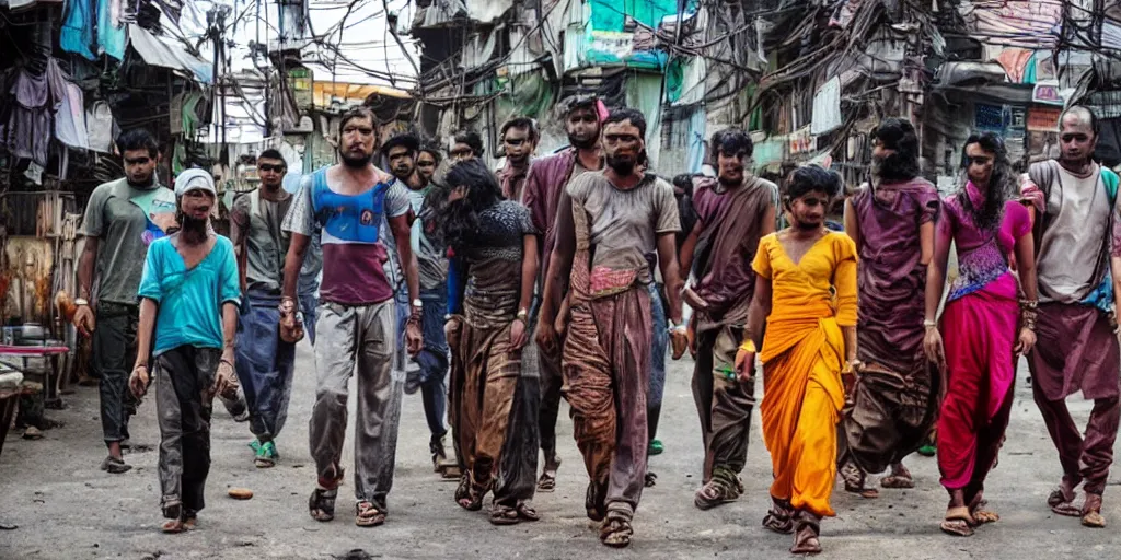 Prompt: sri lankan cyberpunk gang, film still, epic shot cinematography, rule of thirds, colorful, sci - fi tech style