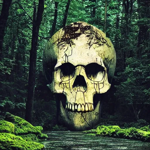 Image similar to a photo of a dream world, forest, river, skull, church