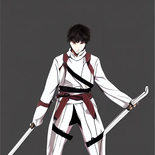 Image similar to anime fencer, male, fantasy, battlefield, sword drawn,