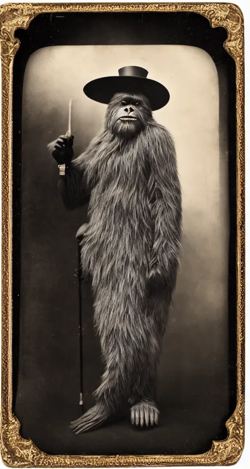 Image similar to a vintage wet plate portrait of a dignified bigfoot with a top hat and cane