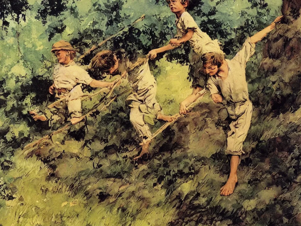 Image similar to the adventures of tom sawyer and huckleberry finn, illustrated by frank frazetta, playful, naturalistic, simple life, mississippi, colorful, landscape