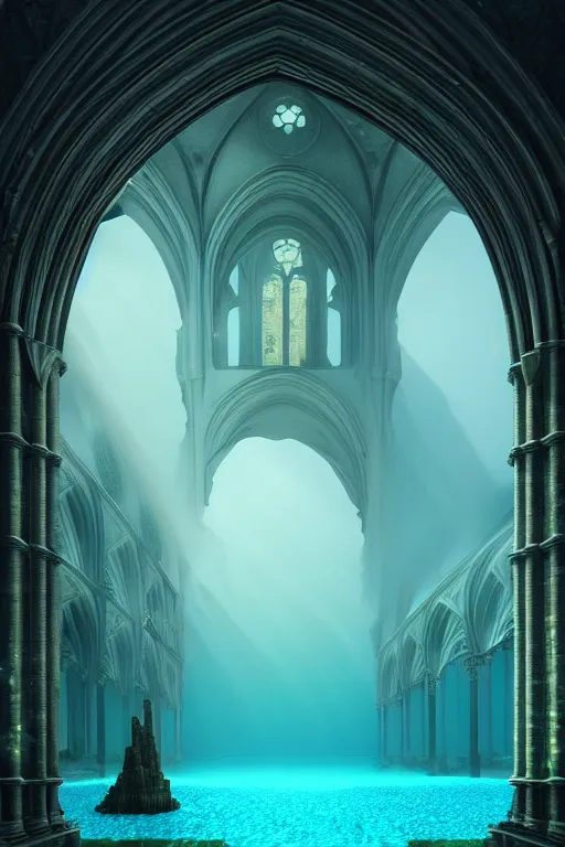 Image similar to hyperrealistic precisionist cinematic underwater dystopian neo - gothic cathedral ruins with giant luminescent colorful aquatic plants and jellyfish, digital art masterpiece, aykut aydogdu eric zener, dramatic volumetric light, long shot, low angle uhd 8 k, sharp focus