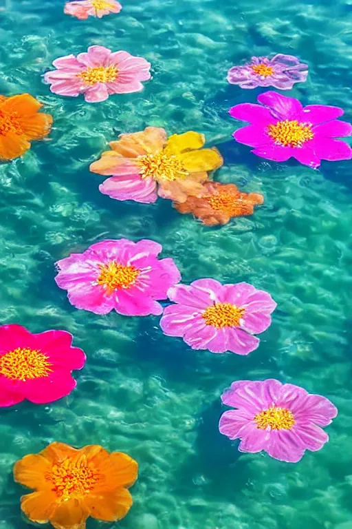 Prompt: flowers floating on crystal clear water